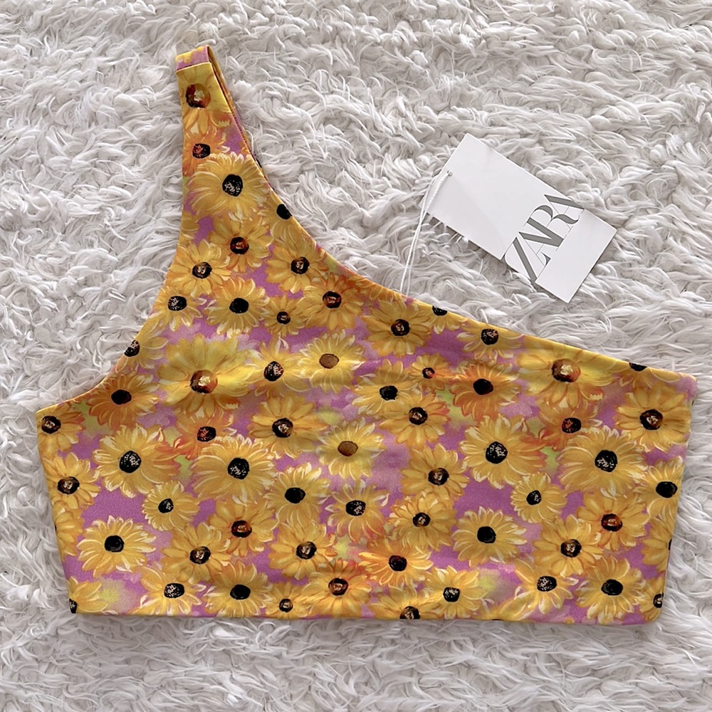 Zara Sunflower One Shoulder Crop Top Tank Floral Cottagecore Boho Size Large